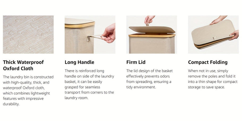 Slim Laundry Hamper with Lid & Removable Bag ¨C Foldable Narrow Clothes Basket with Bamboo Handles for Bathroom, Bedroom & Dorm ¨C 50L / 65L / 75L Space-Saving Collapsible Laundry Bin