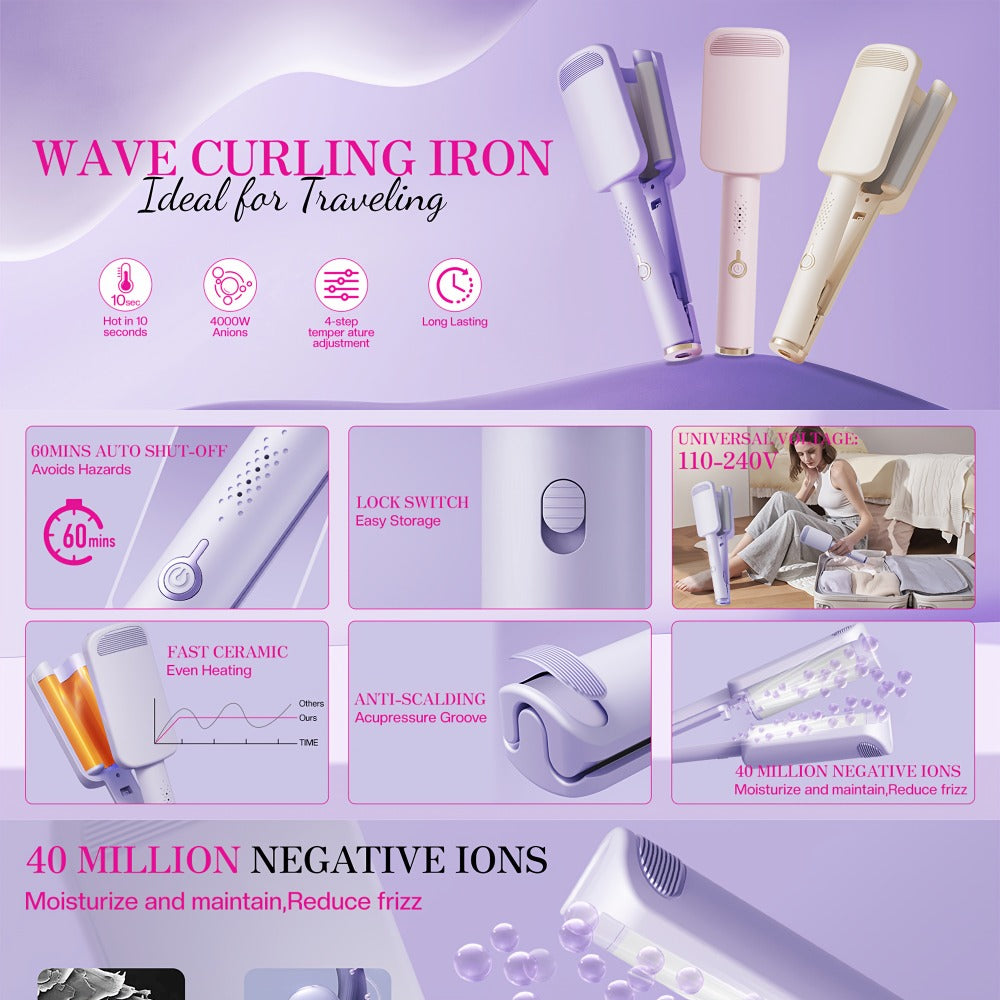 Hair Curling Iron 1.25 Inch - Beach Wave Curling Wand with Dual Voltage, Deep Wave Barrel, Anti-Frizz Ceramic Coating, Easy Home Use, Travel-Ready Styling Tool for All Hair Types