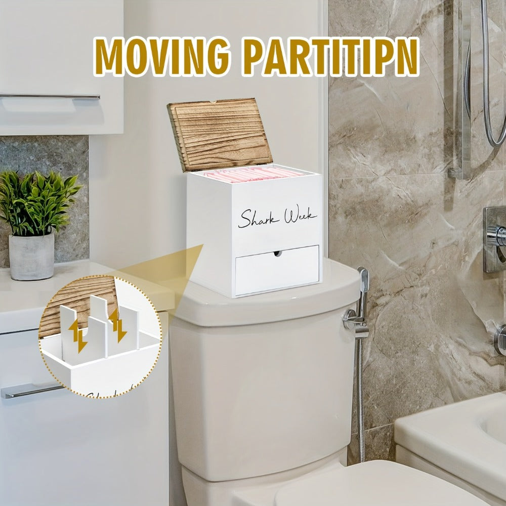 Tampon & Pad Organizer Box with Lid - Wooden Bathroom Storage Bin with Drawer, 3-Compartment Feminine Products Caddy, Farmhouse Bathroom Decor