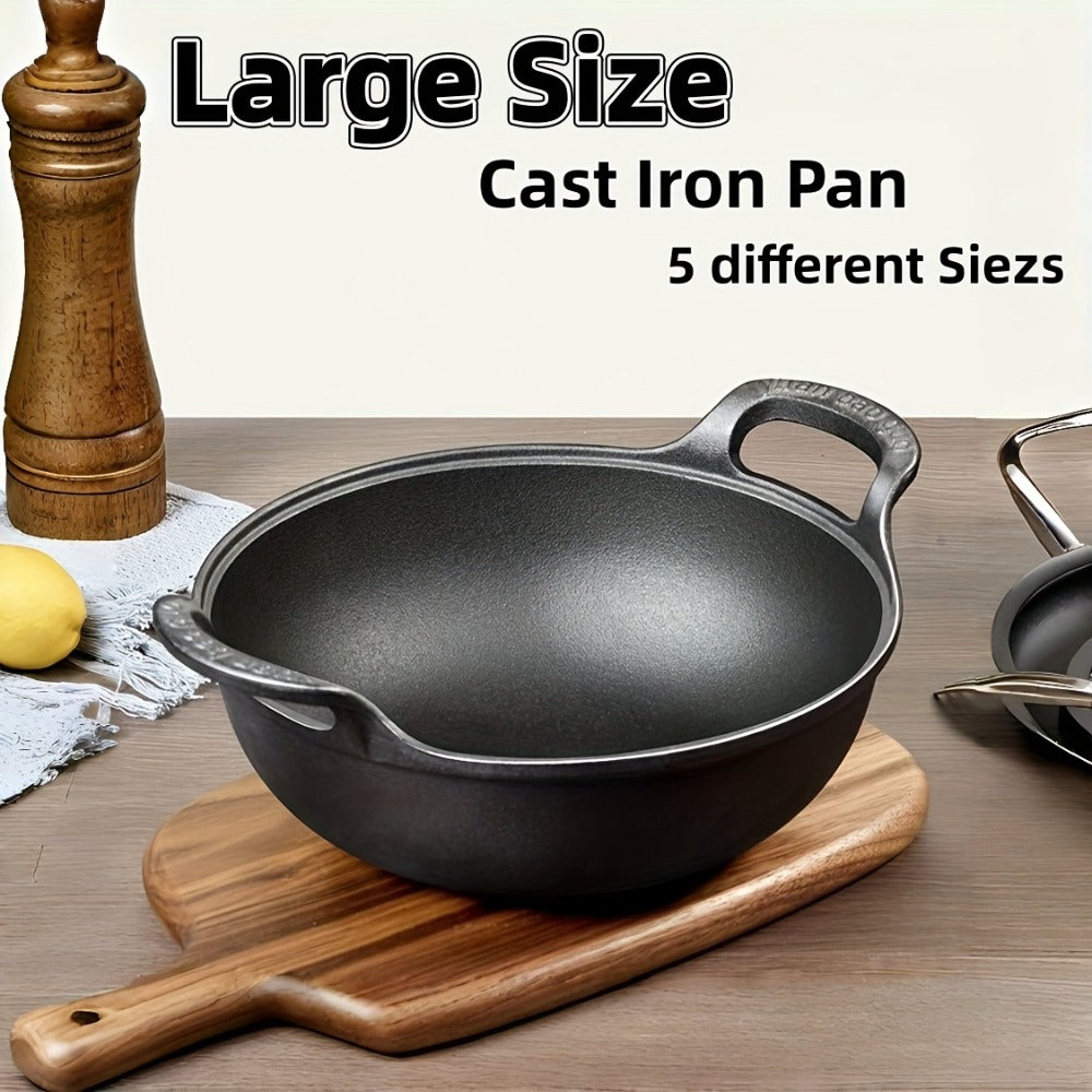 Cast Iron Wok Skillet Non-Stick Deep Stir Fry Pan with Dual Handles - Heavy Duty Uncoated Traditional Cooking Pot Multi-Size 9.84 10.62 11.81 12.59 Inch for Home Outdoor Grilling Baking