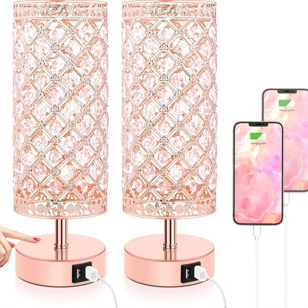 Crystal Bedside Table Lamp with Touch Control & 2 USB Charging Ports, 3-Way Dimmable Nightstand Lamp with Decorative Crystal Base, LED Bulb Included, for Bedroom Living Room Office