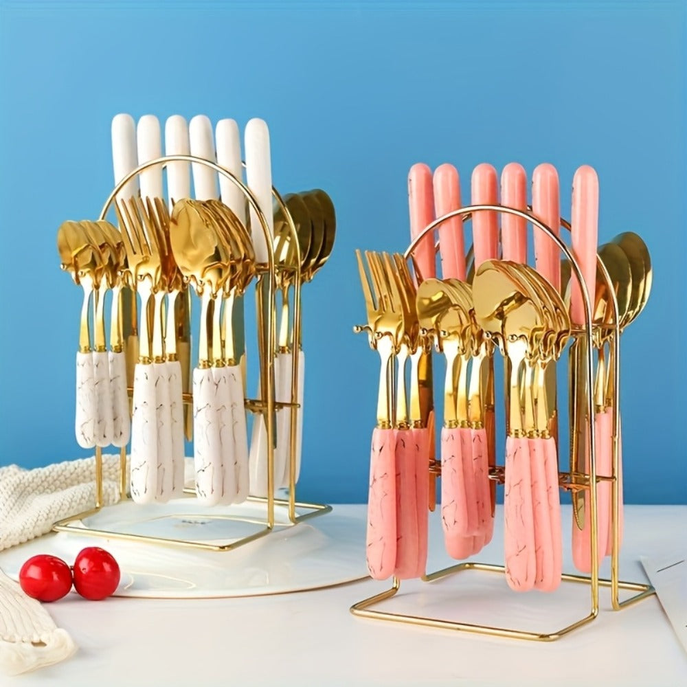 Marble Pattern Cutlery Set 24pcs - Dinner Forks Soup Spoons Teaspoons for Home Hotel Restaurant
