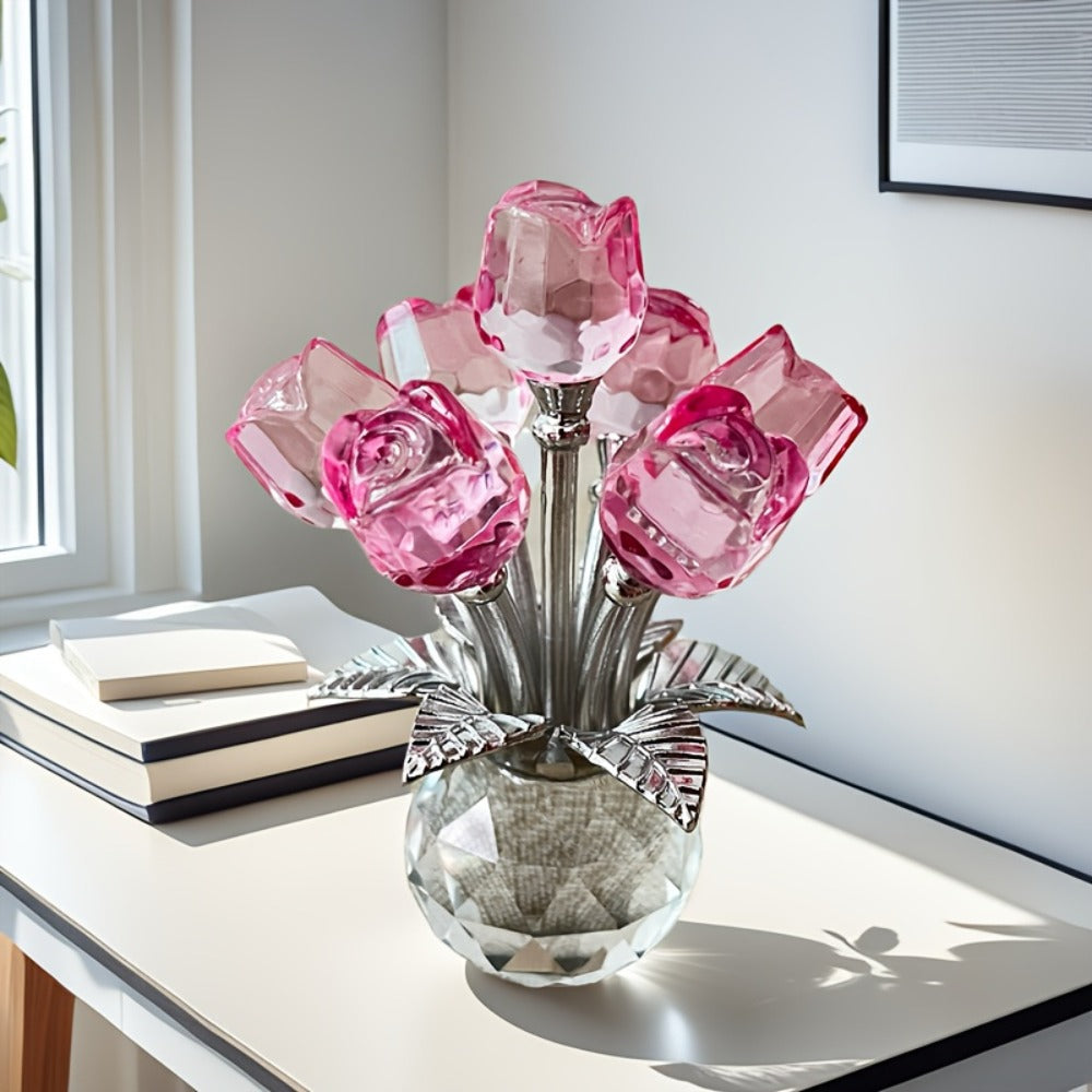 Glass Rose Sculpture Floral Home Decor ¨C Sparkling Leaves Art Figurine for Bedroom, Living Room, Valentine's Day Gift