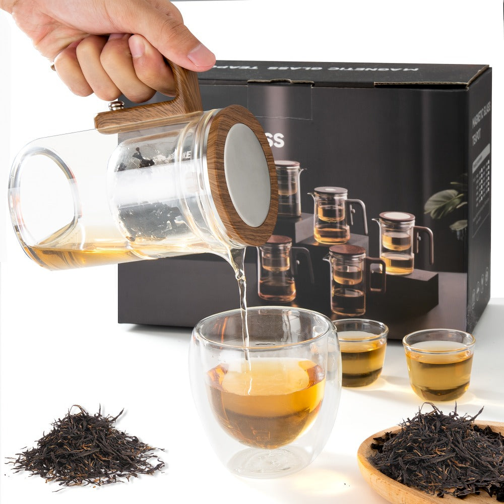 Glass Teapot with Infuser & Wooden Handle ¨C Borosilicate Tea Kettle, One-Button Tea-Water Separation, Drip-Free Spout, 27oz for Loose Leaf & Blooming Tea, Holiday Gift for Men & Women
