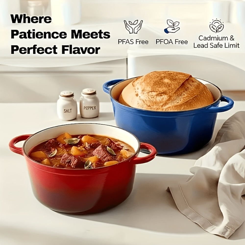 Enameled Cast Iron Dutch Oven with Lid & Dual Handles, Non-Stick Enamel Coated Heavy Duty Cookware for Bread Baking, Braising & Slow Cooking, Superior Heat Retention, Orange, Red & Blue