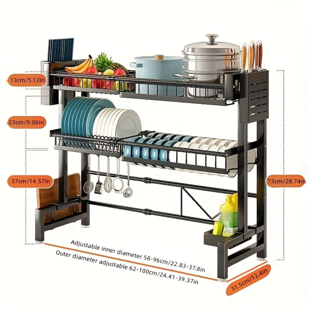 Dish Drying Rack Expandable Kitchen Sink Organizer - Countertop Dish Drainer with Drainage, Single or Double Layer Black Kitchen Storage Shelf for Plates, Cups & Utensils