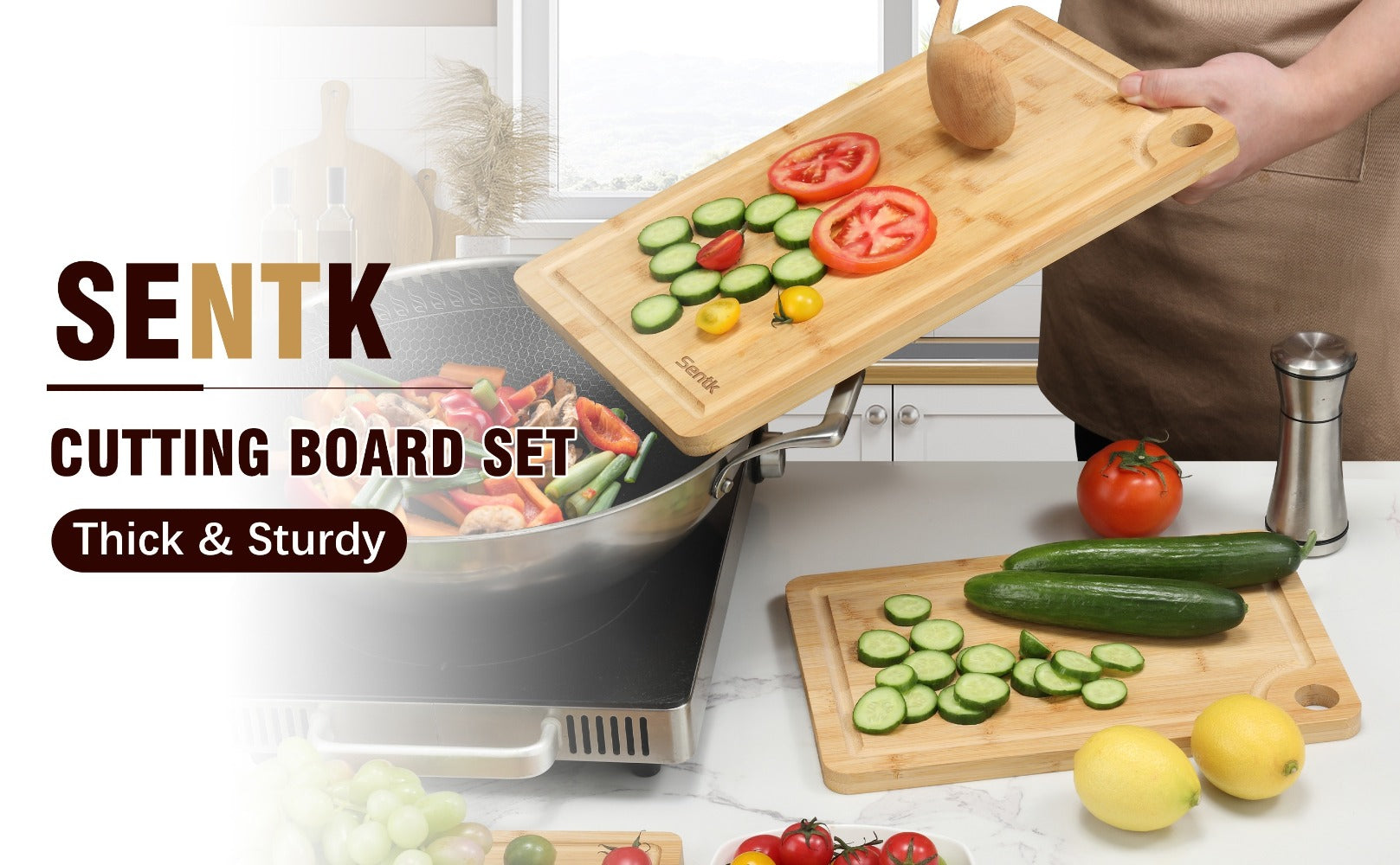 Wood Cutting Board Set of 3 Natural Wooden Chopping Boards with Juice Groove & Non-Slip Edges ¨C Reversible Design for Meat BBQ Home Kitchen Restaurant Holiday Gift