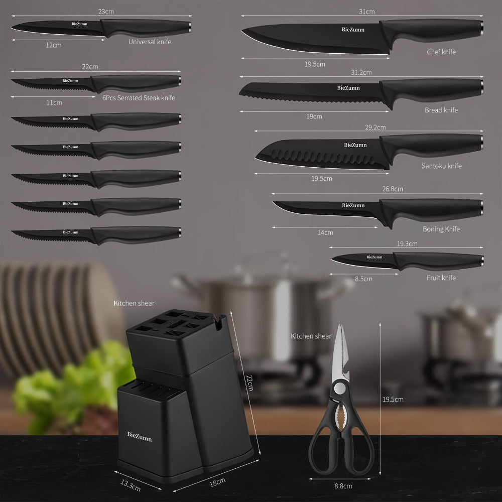 Kitchen Knife Set ¨C 3-Piece & 14-Piece Multi-Purpose Chef¡¯s Knife, Steak Knife, Fruit Knife & Scissors with Storage Block, Black