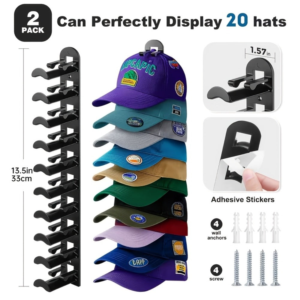 Wall Mounted Hat Rack for Baseball Caps ¨C Adhesive or Drill Mount, Holds 20 Hats, Multilayer Storage, 2pcs