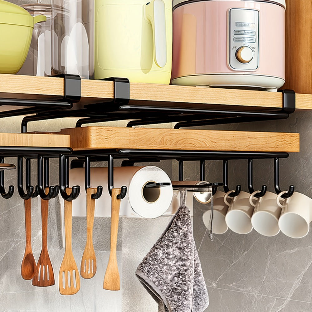 Under Cabinet Organizer Rack with Hooks ¨C Heavy Duty Carbon Steel Kitchen Shelf for Utensils, Towels, Cups & Cutting Boards ¨C No-Drill Door-Mount Space-Saving Kitchen Storage