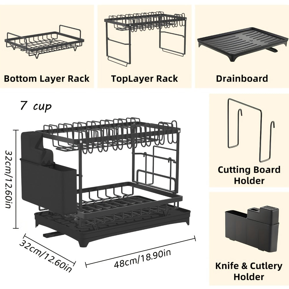 Two-Tier Dish Drying Rack with Drainboard - Metal Kitchen Dish Holder with Drainage for Countertop, Two-Level Dish Drainer for Plates, Cups & Utensils, Single or Double Layer, Black White Gray