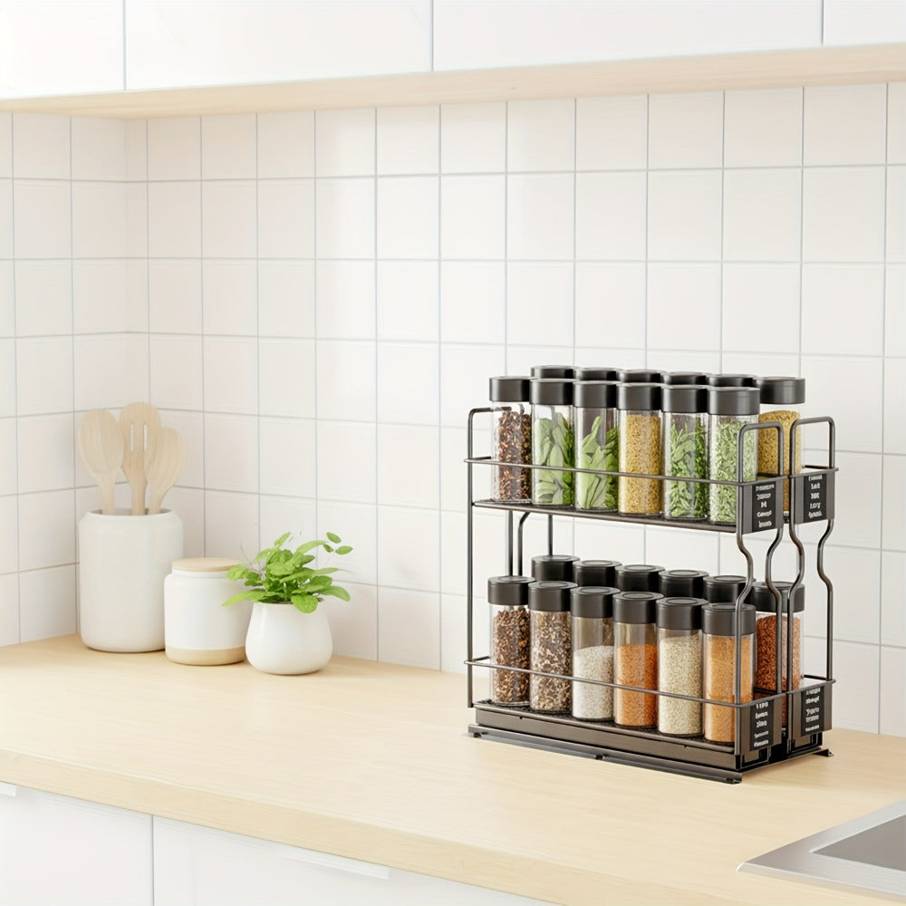 Spice Rack Organizer for Cabinet 2-Tier Heavy Duty Slide-Out Drawers with 415 Labels Steel Pull-Out Spice Drawer for Kitchen Cabinet Space-Saving Seasoning Storage