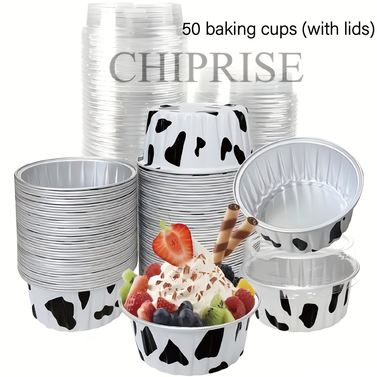 Aluminum Foil Baking Cups with Lids, Disposable Cupcake Molds with Spoons, Oven Safe Foil Dessert Cups for Pudding Muffins Mousse, Party Baking Supplies for Weddings Birthdays, 30 or 50 Sets