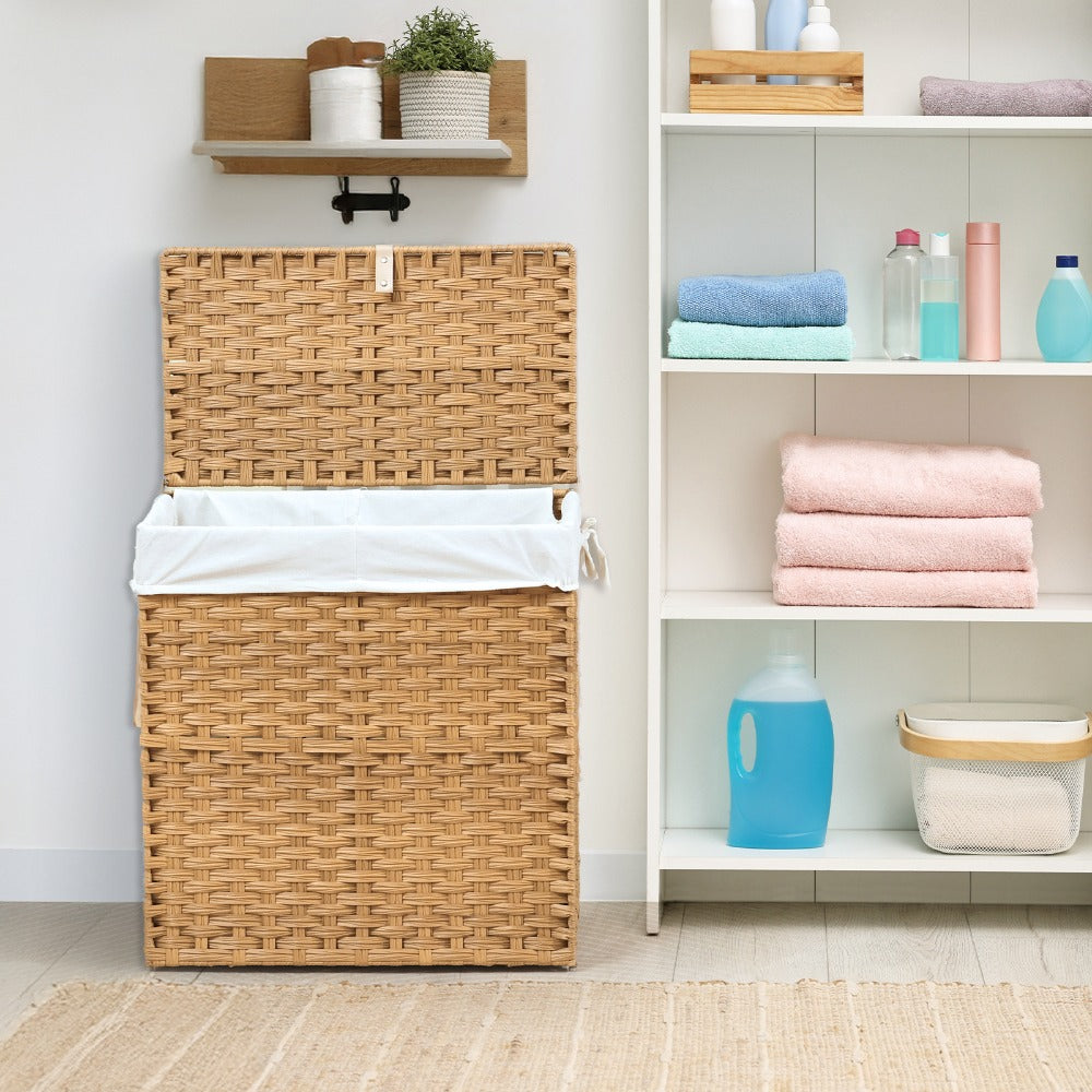 Laundry Hamper with Lid Large Capacity Woven Rattan Storage Basket, Collapsible Clothes Hamper with Handles & Removable Liner, Foldable Breathable Wicker Basket for Bedroom Home Dorm, 2 Sizes