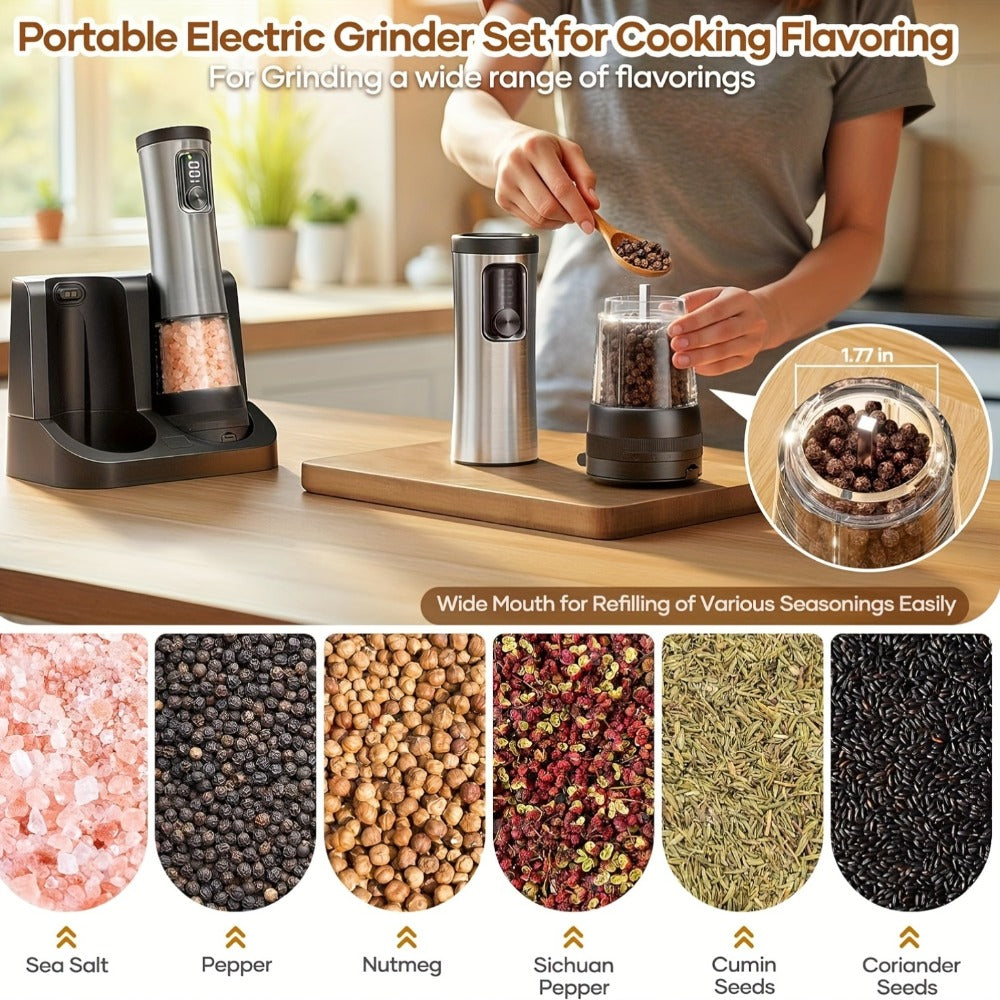 Electric Salt and Pepper Grinder Set Rechargeable USB Large Capacity with Base Automatic Adjustable Coarseness LED Display Kitchen Gift Silver Black