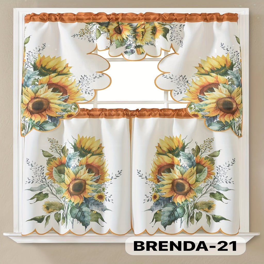 Kitchen Curtains 3 Piece Set Embroidered Satin Valance and Tiers - Rod Pocket Light Filtering Machine Washable 46 Colors Available All Season Home Decor