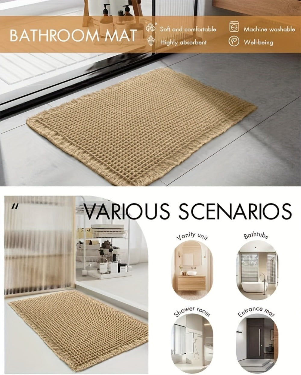 Non-Slip Bath Mat with Tassels Super Absorbent Ultra Soft Machine Washable Bathroom Rug with Anti-Skid Backing 2 Sizes
