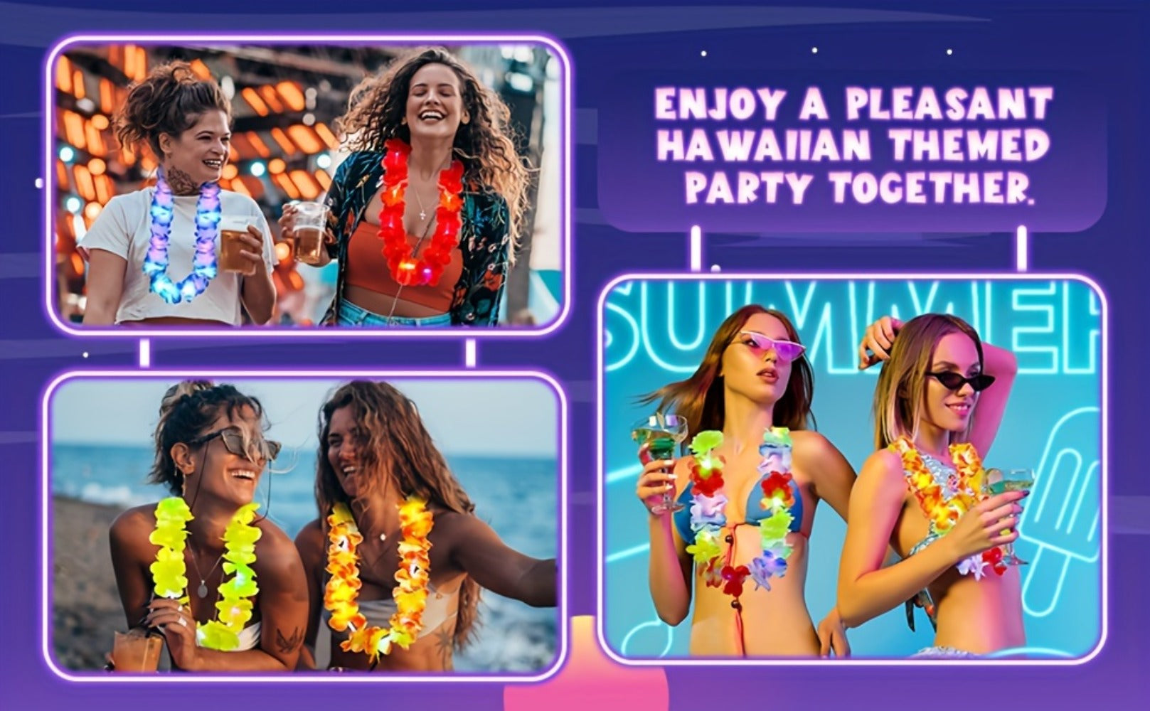 Light Up Hawaiian Lei Necklace 26pcs LED Flower Leis Glow Necklaces for Luau Party Beach Party Tropical Costume Accessories
