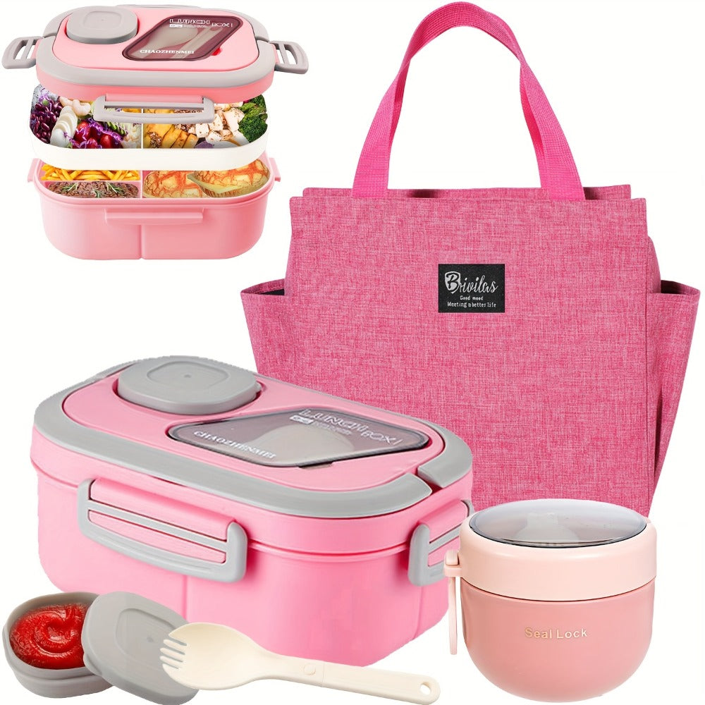 2-Layer Bento Lunch Box Set with Cup and Meal Bag - Multi-Grid Lunch Box for School, Office & Outdoor Picnics, Food Storage Container with Milk Cup, Salad Cup, Coffee Cup or Soup Bowl, Pink Blue Green White