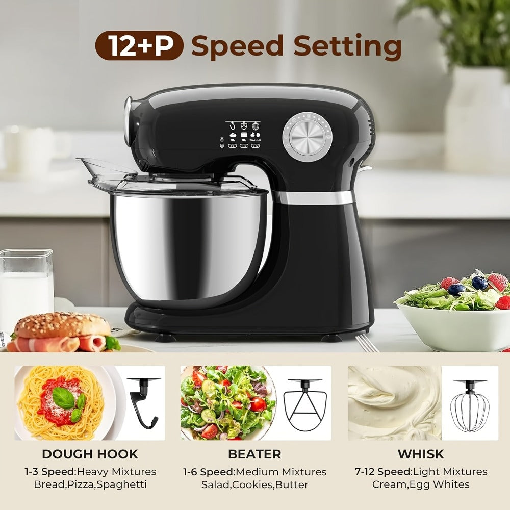 Bowl-Lift Stand Mixer 5.5 Qt 4-in-1 Electric Vertical Mixer 350W 12-Speed with Pulse Stainless Steel Bowl Dough Hook Whisk Mixing Paddle for Cake Bread Dough Black Red