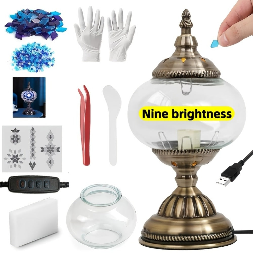 DIY Turkish Moroccan Mosaic Lamp Kit Handmade Glass Metal Brass Dimmable Bohemian Table Light for Bedroom Living Room Office Vintage Boho Decor Gift Multiple Colors 3-Color Adjustable Option