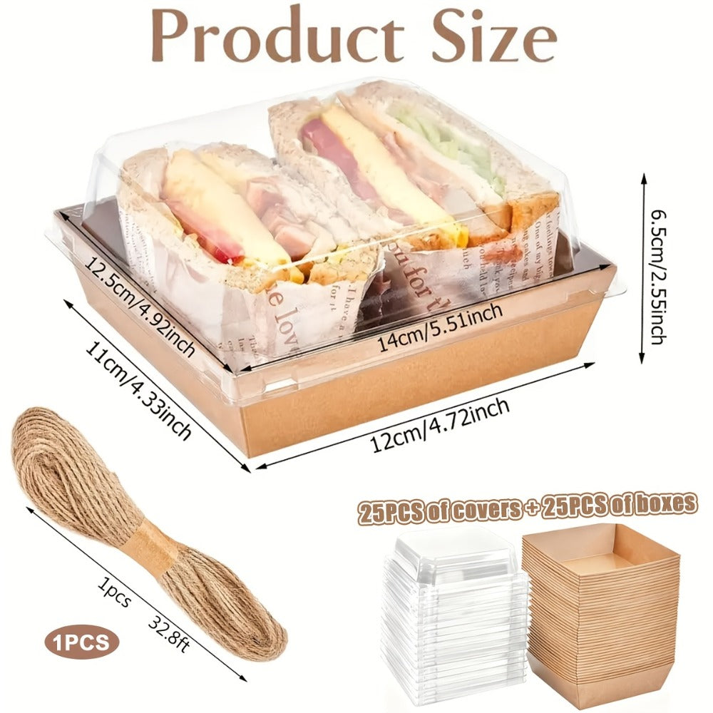 Kraft Paper Food Boxes with Clear Lid 50pcs Brown Bakery Box with String for Dessert Sandwich Cake Cookie Wedding Birthday Party Picnic Favor Packaging
