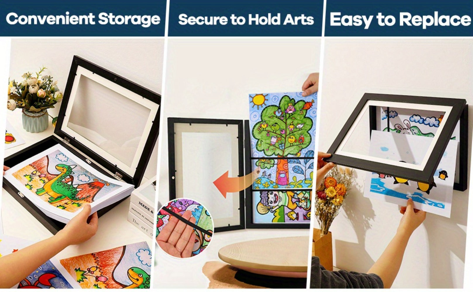 Kids Artwork Frames Front Opening Changeable 8.5x11 Inch Children Art Display Picture Frame for Drawing Crafts Photos Holds 130 Pieces Wood Black White