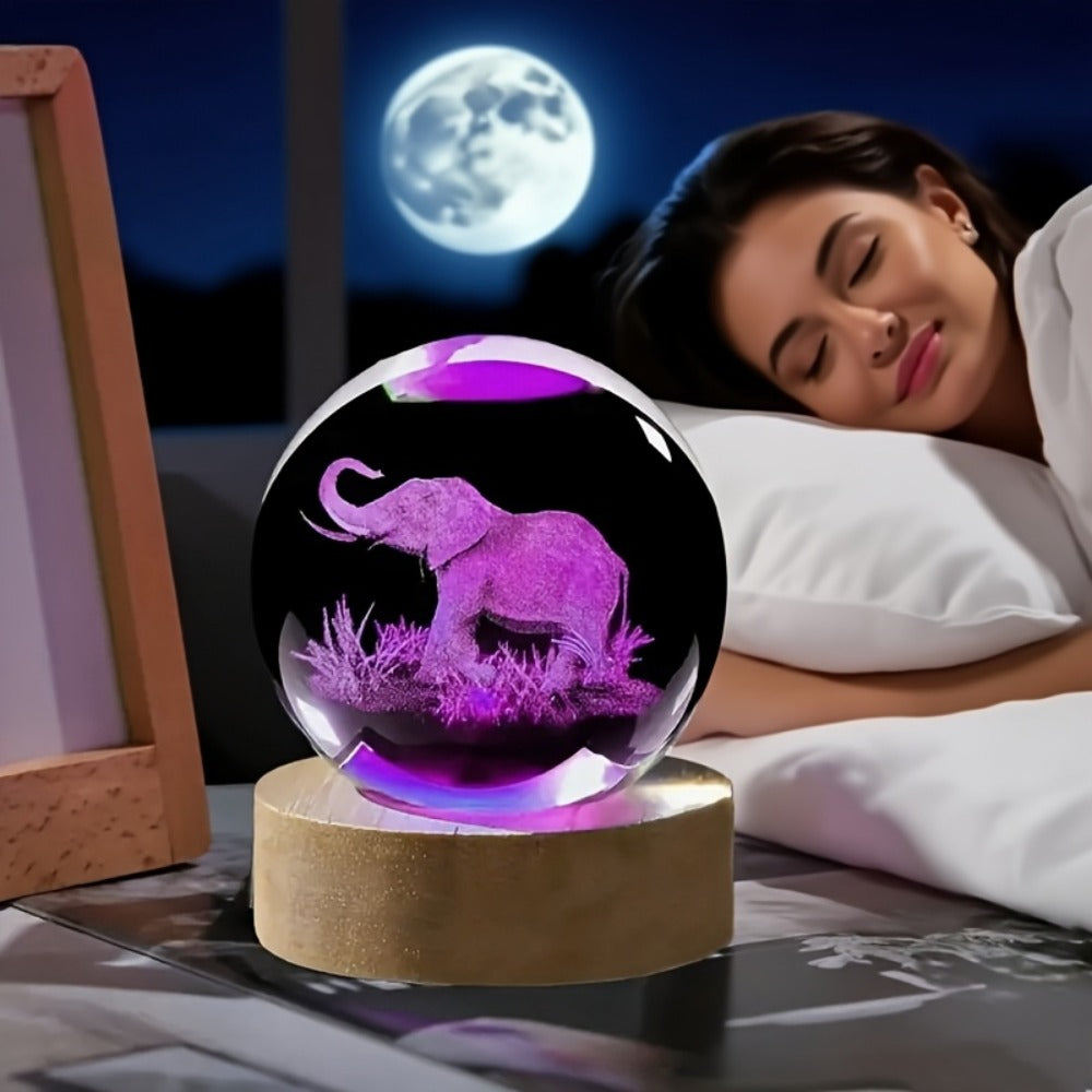 3D Elephant Crystal Ball LED Lamp USB Powered Colorful Night Light Wooden Base Elephant Figurine Tabletop Decor Gift for Women Mom Wife Girlfriend Birthday Valentine Anniversary