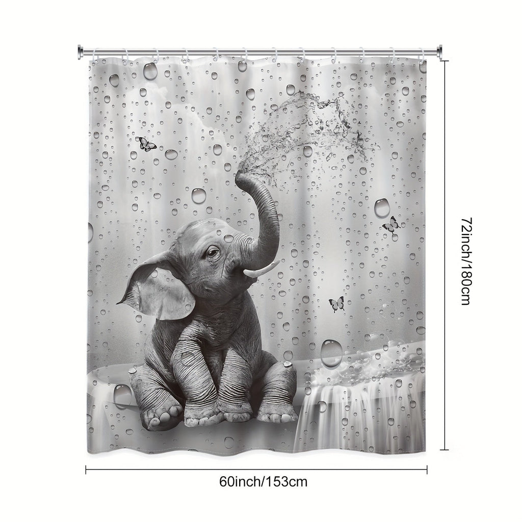 Shower Curtain Set Funny Elephant Bathroom Decor with Hooks Anti-Slip Floor Mat Toilet U-Shaped Mat African Wildlife Bath Decor Gray
