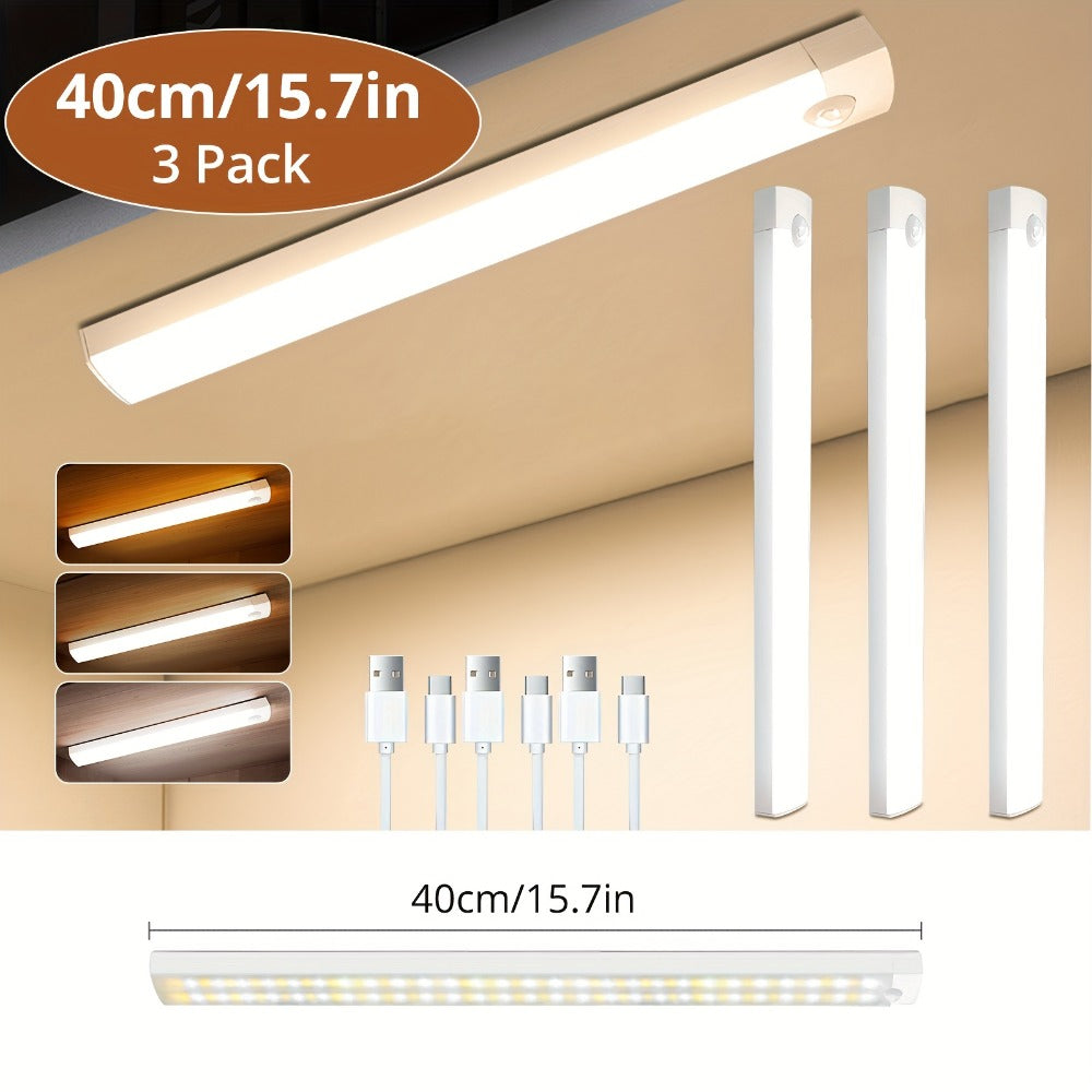 Motion Sensor Cabinet Light 3-Pack ¨C 3-Color Temperature Dimmable Under Counter Closet Light, Wireless Magnetic USB Rechargeable for Kitchen, Wardrobe, Stairs, Hallway & Vanity (11cm / 20cm / 40cm)