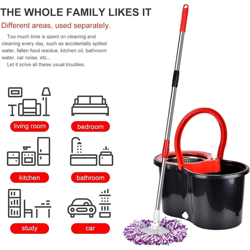 360 Spin Mop and Bucket Set with Wringer - Stainless Steel Extended Handle Spinning Mop Bucket System with Microfiber Mop Refills for Hardwood, Tile & Laminate Floor Cleaning, Black Blue Pink Red