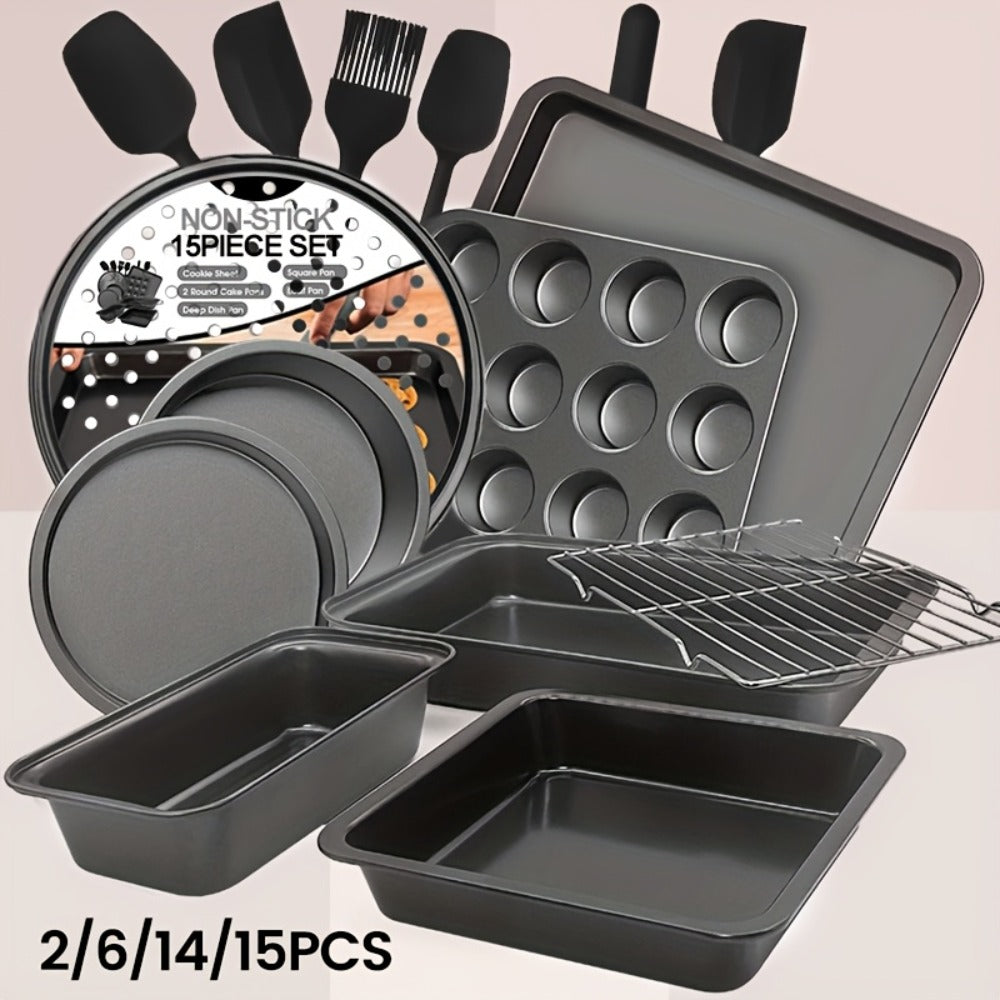 Nonstick Bakeware Set with Cooling Rack Cookie Sheet Cake Pans Loaf Muffin Pizza Pan Oven Safe Baking Pans Set for Kitchen 6 14 15 Piece