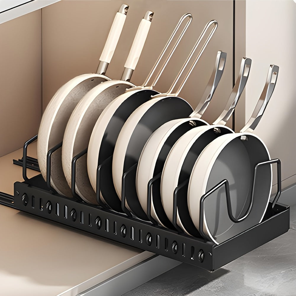 Pull-Out Pot and Pan Lid Rack Cabinet Sliding Storage Organizer - Kitchen Cabinet Slide-Out Box with 8/16 Adjustable Dividers for Lids, Baking Tools & Plates, Black or White, 1 or 2 Pack