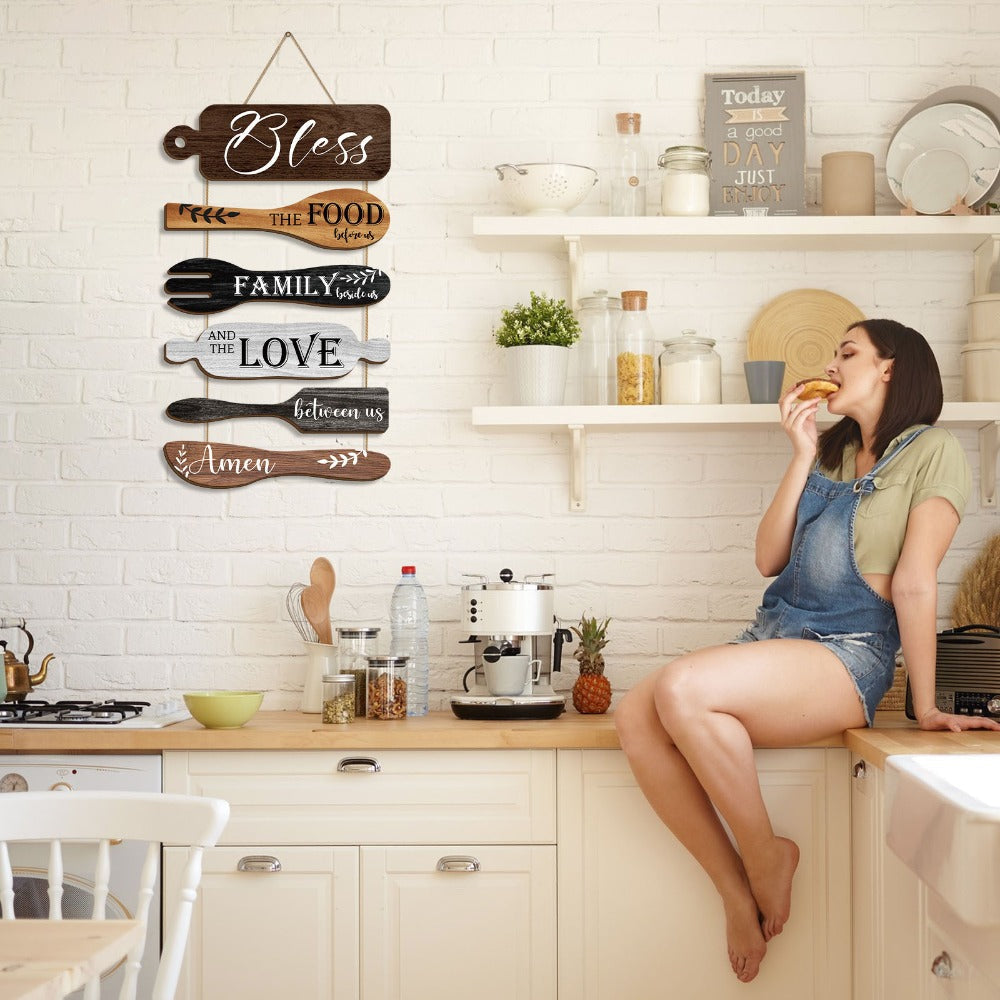 Farmhouse Wall Decor Wood Sign Set - ¡±Bless The Food Before Us¡± Rustic Kitchen Dining Room Hanging Plaque, 6-Piece Rope Wood Board Art, Housewarming Thanksgiving Gift for Home