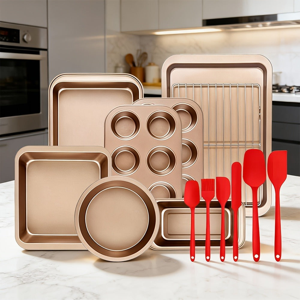 Nonstick Bakeware Set with Cooling Rack Cookie Sheet Cake Pans Loaf Muffin Pizza Pan Oven Safe Baking Pans Set for Kitchen 6 14 15 Piece