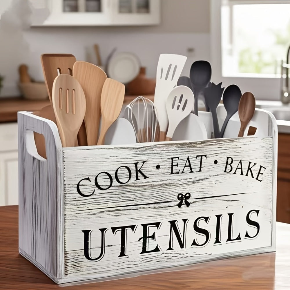 Wooden Kitchen Utensil Holder 3 Compartment Countertop Organizer, Rustic Wood Kitchen Tool Storage Box Wall Mounted or Countertop, Country Style Kitchen Accessories for Cook Bake Eat Tools