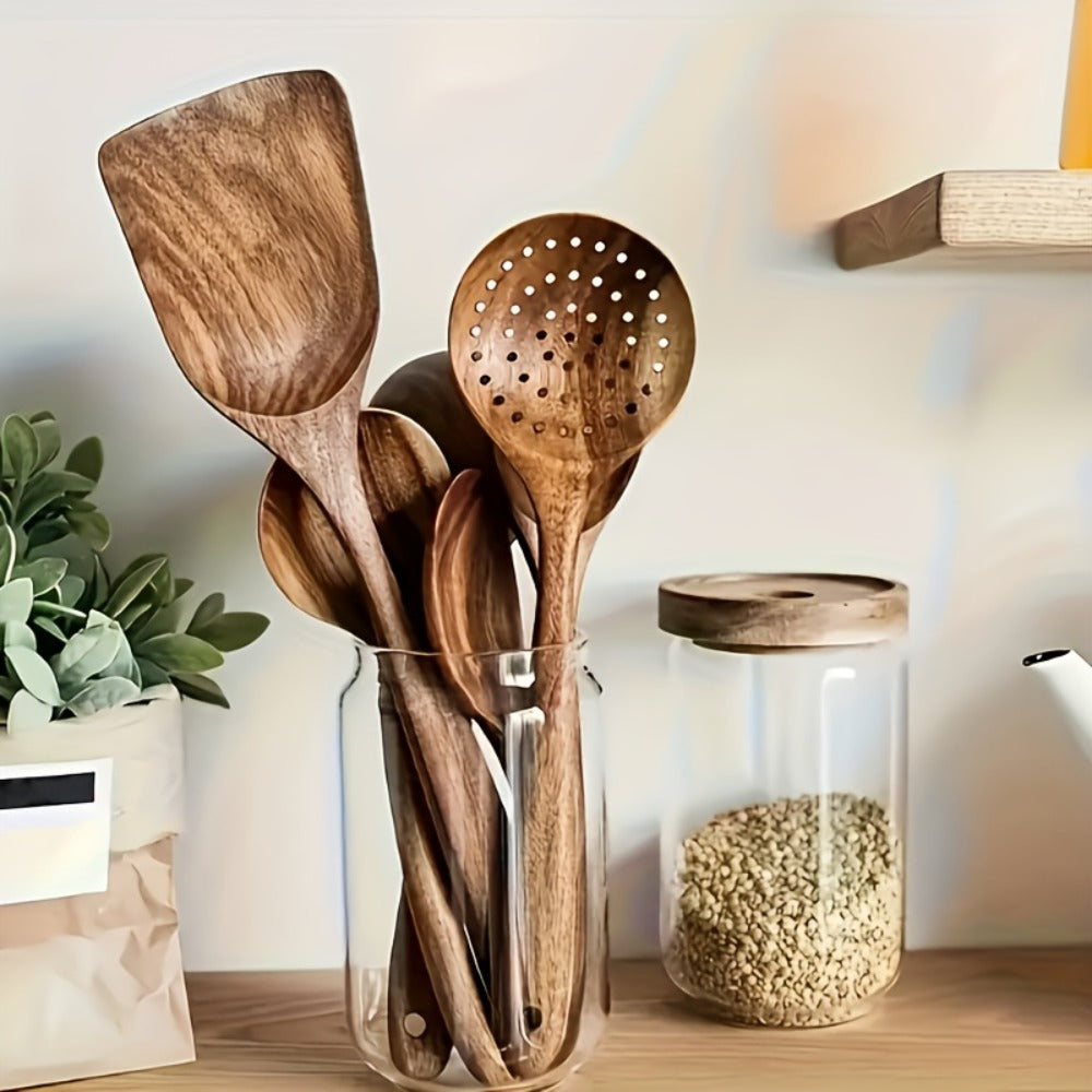 Wooden Kitchen Utensil Set 10 Piece - Nonstick Safe Cooking Spoons, Ergonomic Handle, Heat Resistant Wood Kitchen Tools, Natural Bamboo Utensils for Pots and Pans
