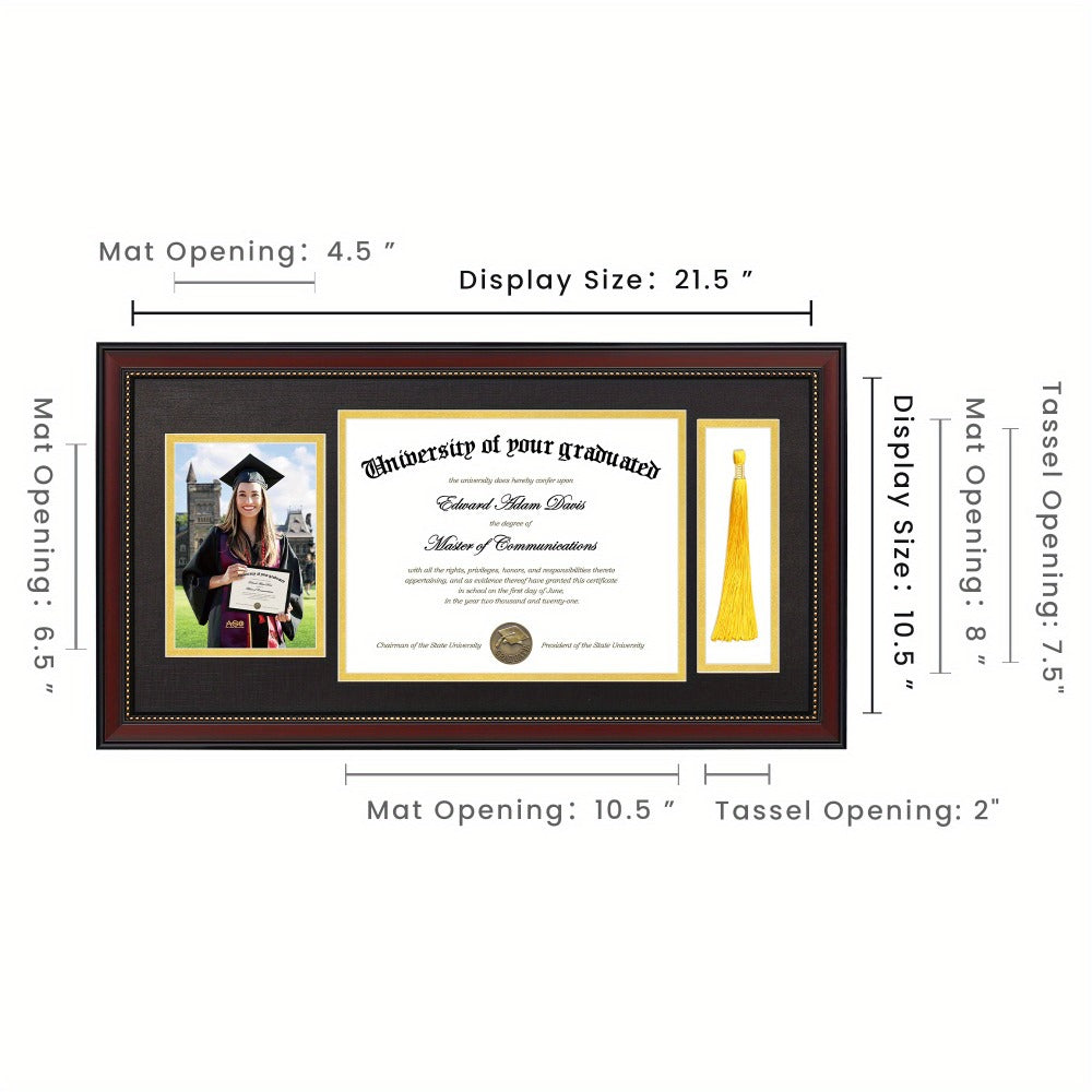 Diploma Frame 11x22 with Tassel Holder for 8.5x11 Certificate and 5x7 Photo, Mahogany Frame with Gold Beads, Black Mat over Gold, HD Glass, Graduation Gift
