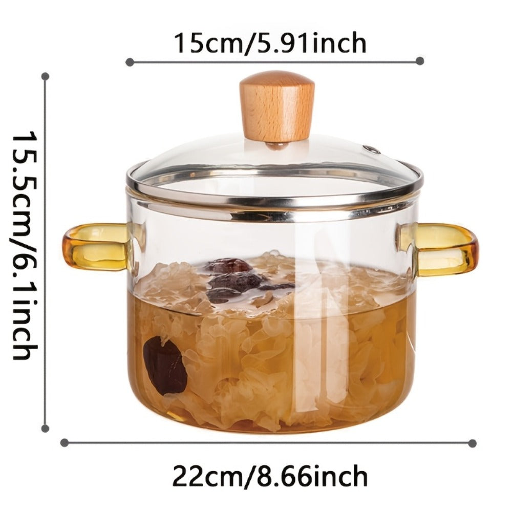 Glass Cooking Pot 54oz 1600ml Borosilicate Heat-Resistant with Lid ¨C Transparent Dumpling & Ramen Pot for Stove & Oven | Odorless Easy-Clean Soup Milk Pot with Green or Yellow Stainless Steel Handle