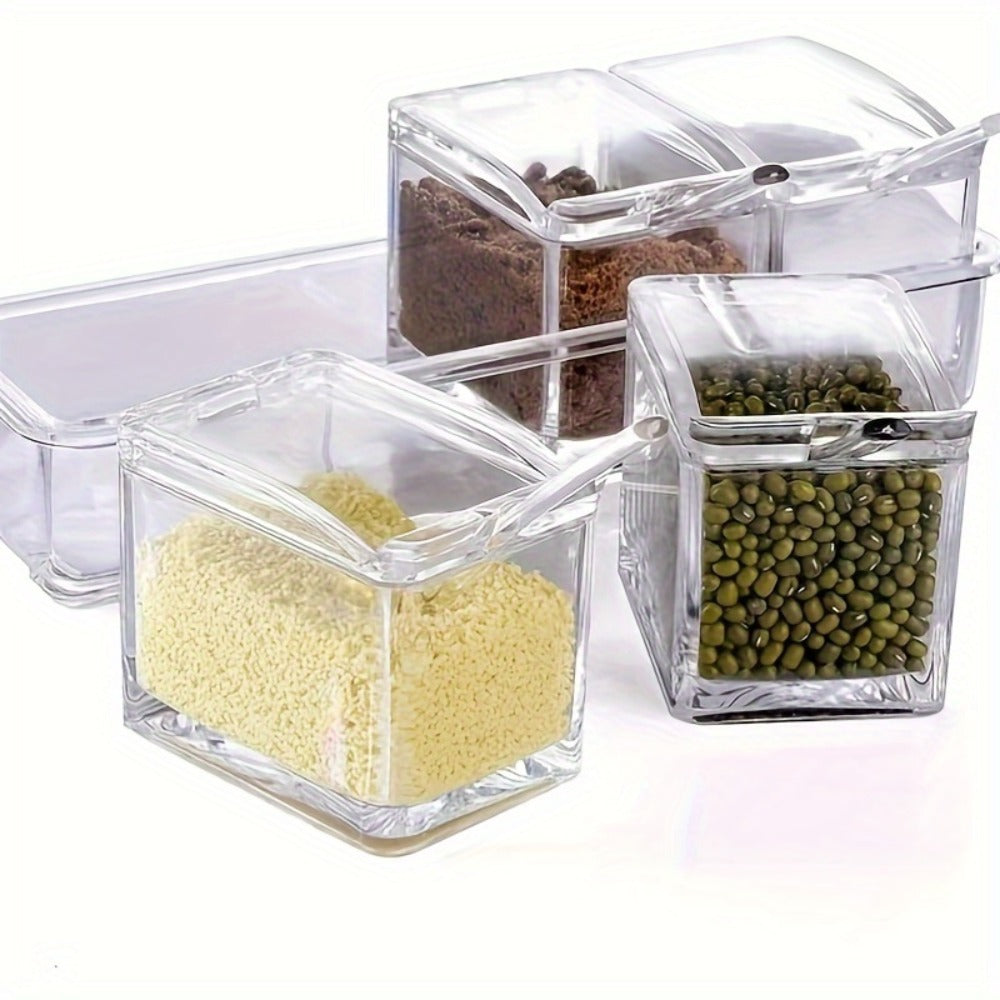 Kitchen Seasoning Storage Box Set of 4 - Transparent Multi-Grid Moisture-Proof Spice Organizer with Flip Lid, Airtight Condiment Container for Home Kitchen Apartment