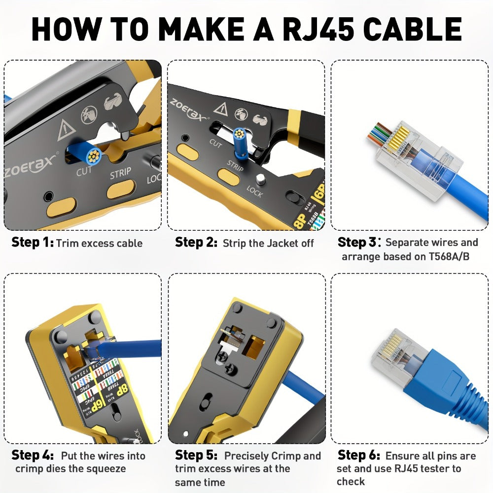 RJ45 Crimping Tool Kit Ethernet - CAT5/CAT5e/CAT6 Pass Through Crimper with Cable Tester, Wire Stripper, Pliers, Spare Blades, 50pcs CAT6 Connectors & Strain Relief Boots, Network Cable Kit