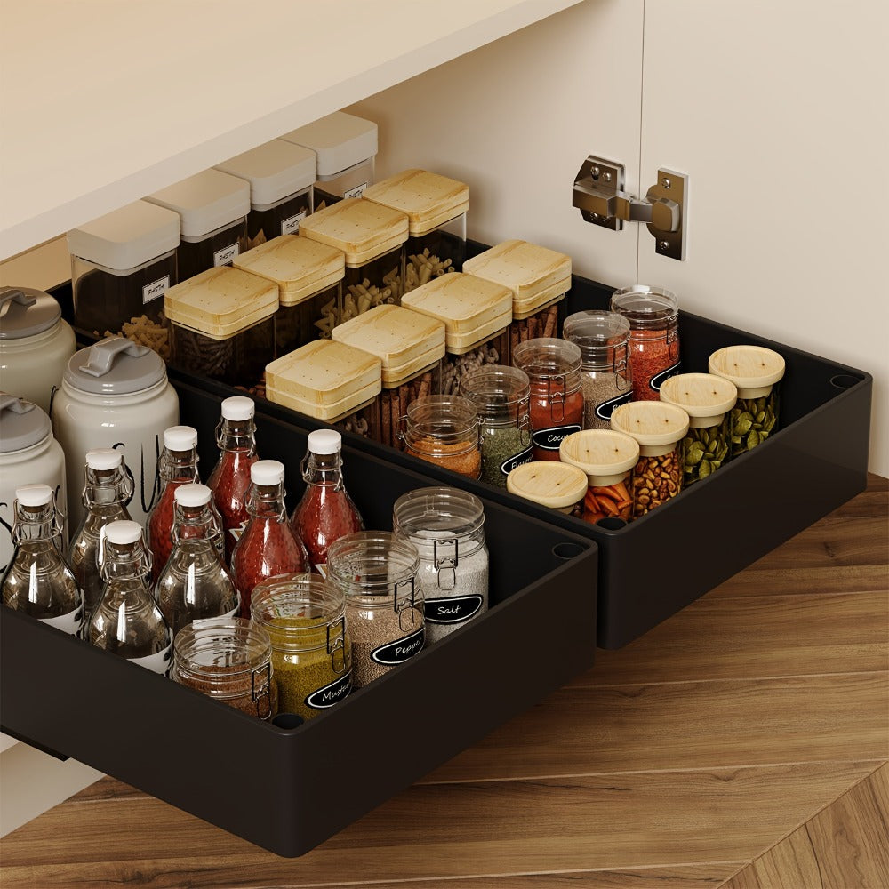 Pull-Out Cabinet Organizer 2-Pack Retractable Slide-Out Storage Bins No Drill Removable Kitchen Pantry Bathroom Shelf Organizer Boho Style Plastic Drawer Basket