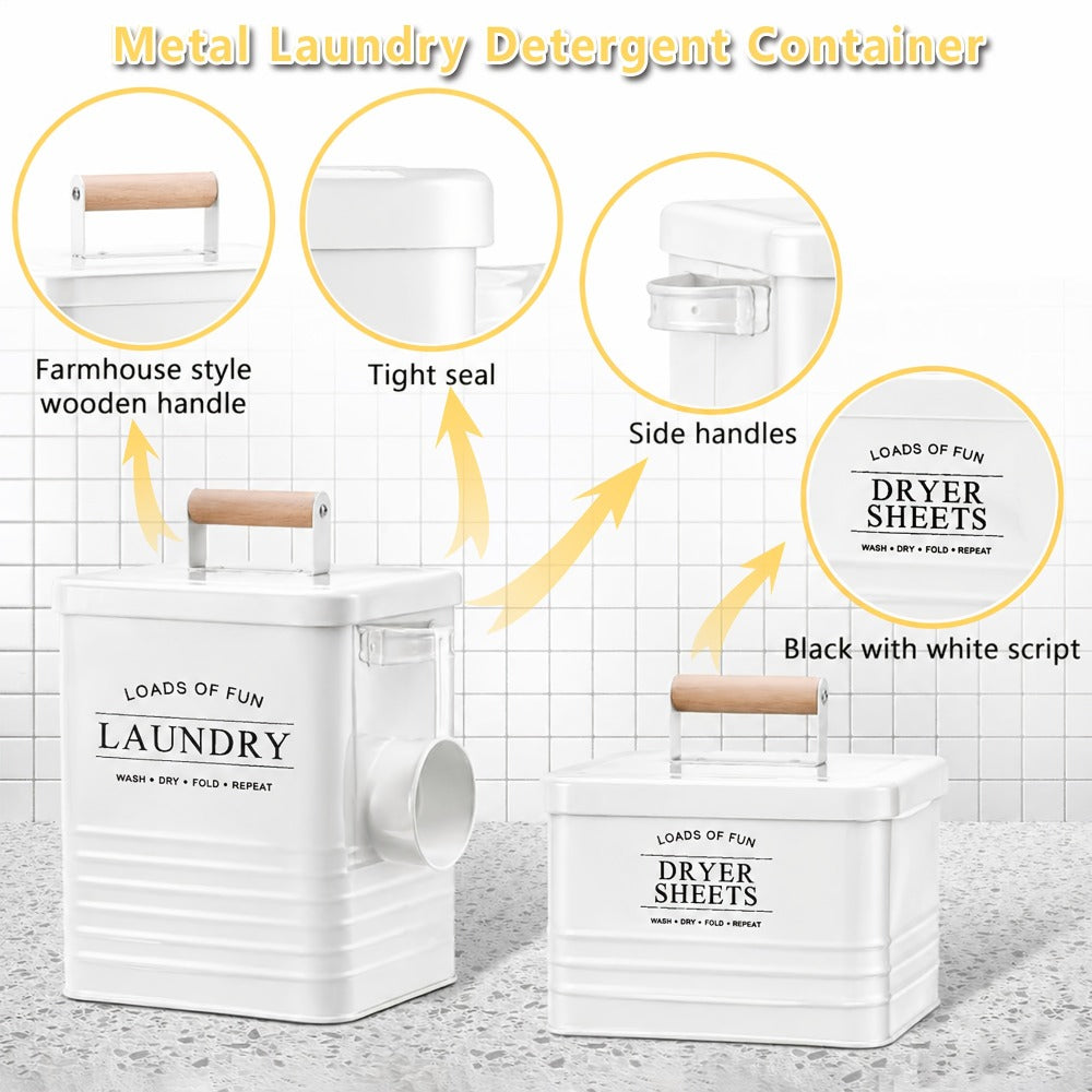 Laundry Pod Container & Dryer Sheet Holder Set with Scoop ¨C Metal Farmhouse Laundry Room Organizer, Detergent Dispenser & Soap Storage