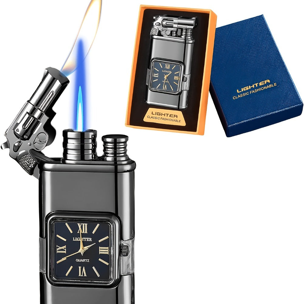 Double Flame Retro Metal Lighter Windproof Refillable Butane Outdoor Portable Quartz Ignition Dragon Eagle Gun Type Ice Golden Bronze Mahogany Creative Men Gift Box Packaging