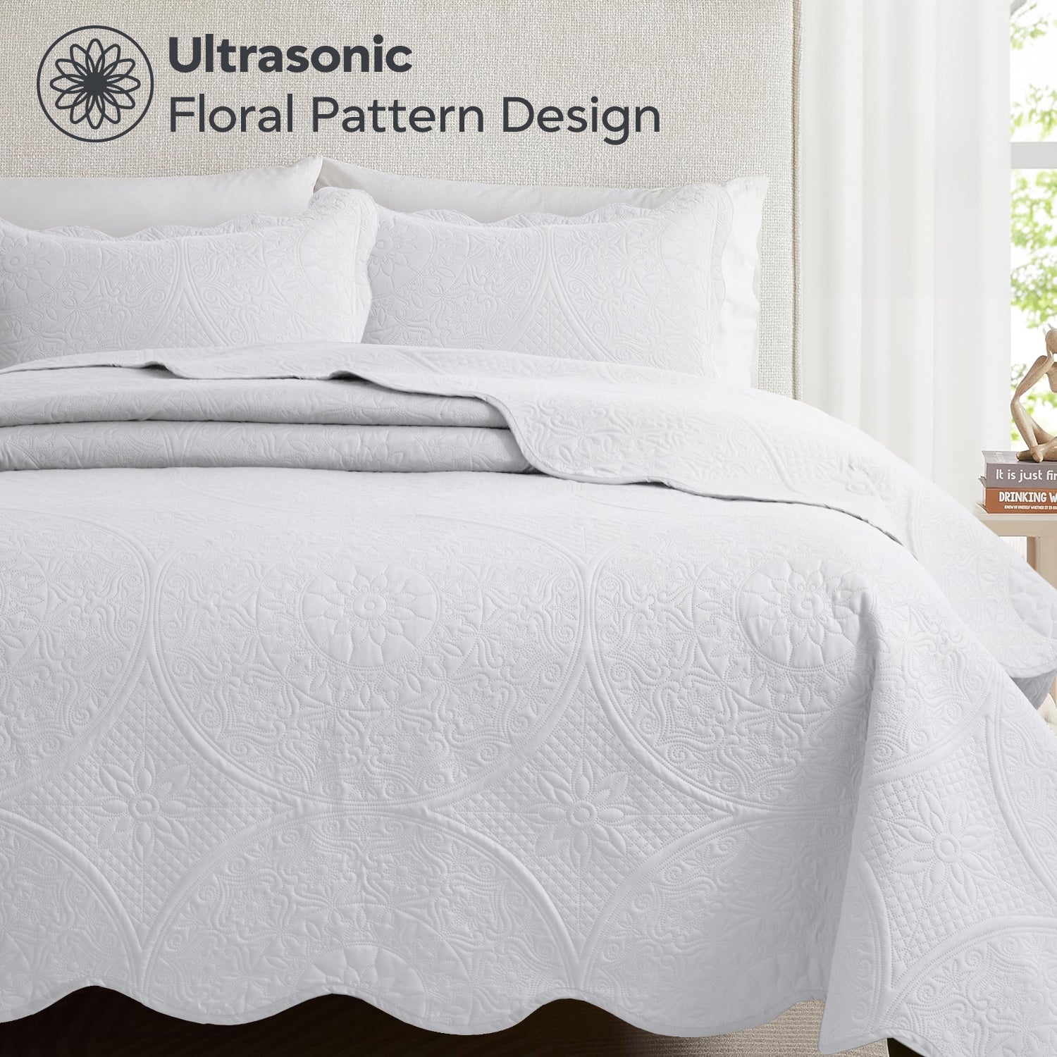Quilted Bedspread Set 3 Piece ¨C Soft Floral Coverlet with Pillow Shams, Lightweight Breathable Quilt for Bedroom & Guest Room, All Season Bed Cover