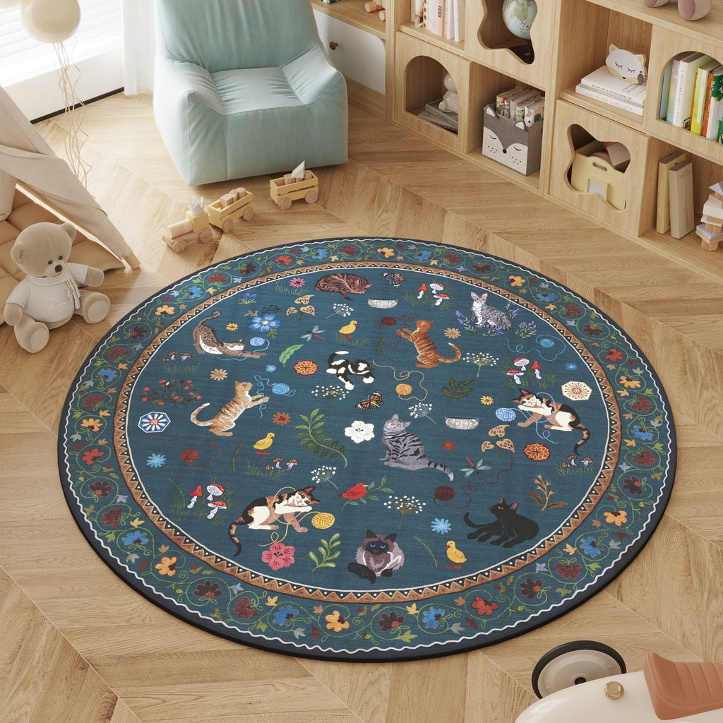 Boho Cat Floral Area Rug ¨C Vintage Blue Animal Print Low Pile Carpet, Non-Slip Soft Rug for Living Room, Bedroom & Dining Room, Round & Runner Sizes, Easy Clean