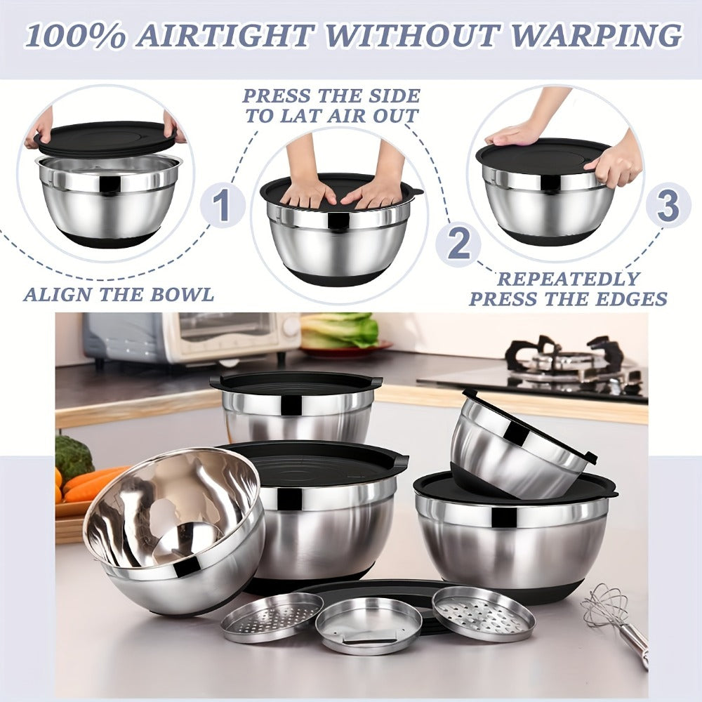 Stainless Steel Mixing Bowl Set with Airtight Lids & Non-Slip Silicone Base, 8-Piece Nesting Bowls for Baking Cooking Serving, Dishwasher Safe Kitchen Mixing Bowls with Lids for Food Storage
