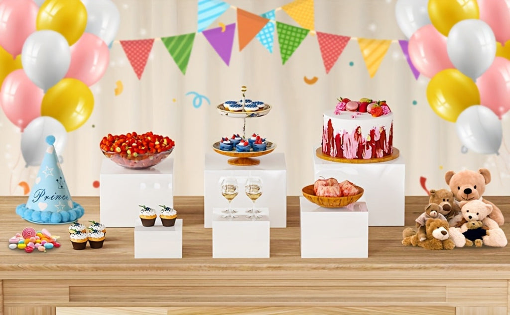 Buffet Risers Display Stand 6pcs - White Acrylic Food Risers for Buffet Table Party Catering Wedding Dessert Display Jewelry Collectibles Nesting Boxes Shelf Organizer