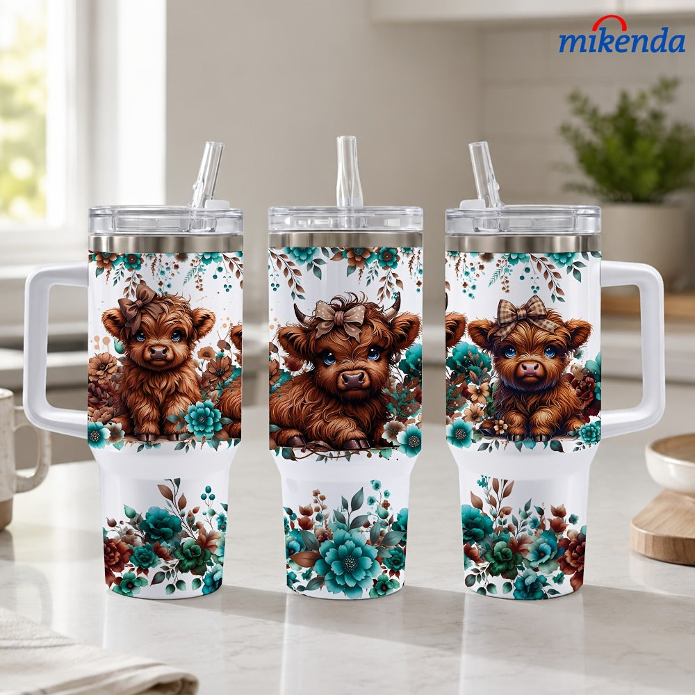 Highland Cow Insulated Tumbler Mug 40oz 16oz | Stainless Steel Vacuum Insulated | 24H Cold 12H Hot | Floral Teal Design | Gift