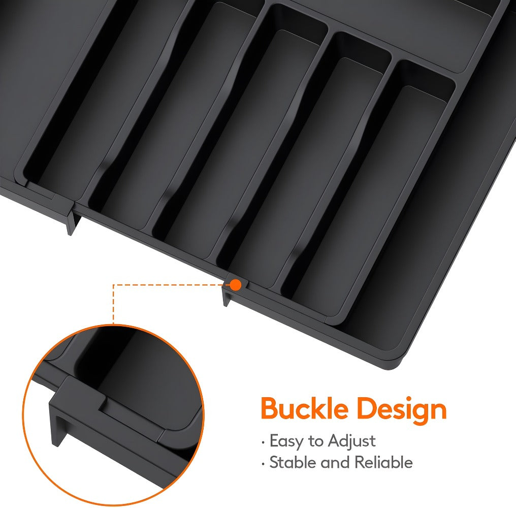 Silverware Organizer Adjustable Drawer Organizer | Utensil & Cutlery Storage Tray for Kitchen Drawer | Expandable Knife Fork Spoon Holder 22.4¡± x 15¡± x 2¡± | Kitchen Organization & Storage in Black Grey White